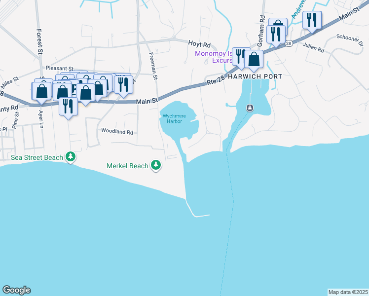 map of restaurants, bars, coffee shops, grocery stores, and more near 4 Harbor Road in Harwich
