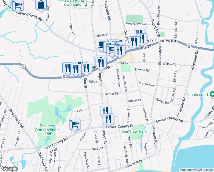 map of restaurants, bars, coffee shops, grocery stores, and more near 12 Rogers Way in Dennis