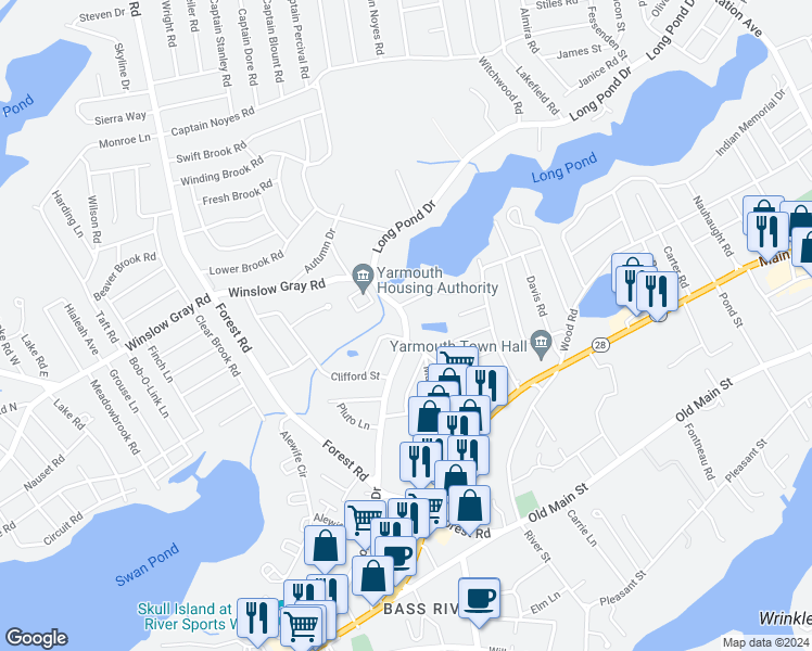 map of restaurants, bars, coffee shops, grocery stores, and more near 193 Long Pond Drive in Yarmouth
