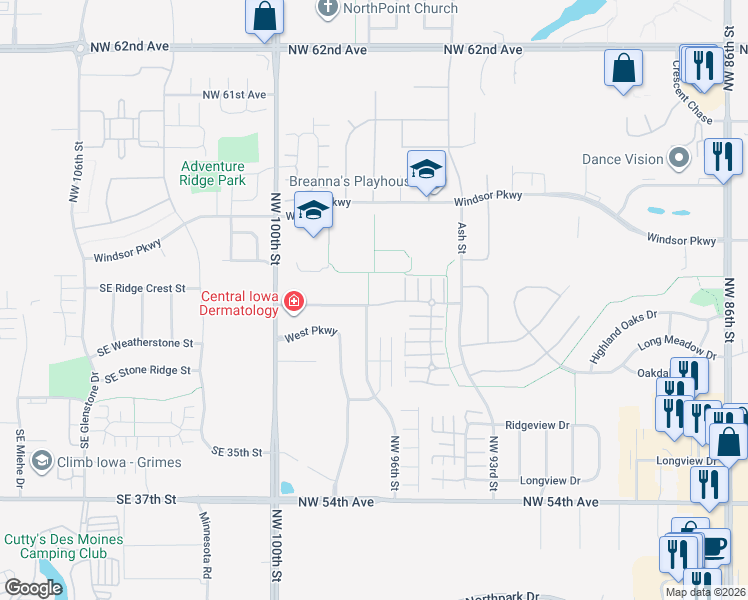 map of restaurants, bars, coffee shops, grocery stores, and more near 9593 White Oak Lane in Johnston