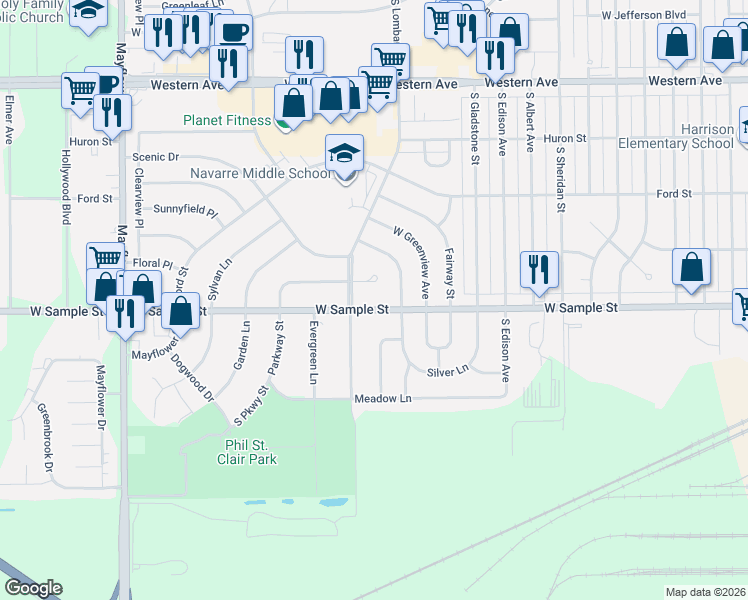 map of restaurants, bars, coffee shops, grocery stores, and more near 920 Parkway St in South Bend