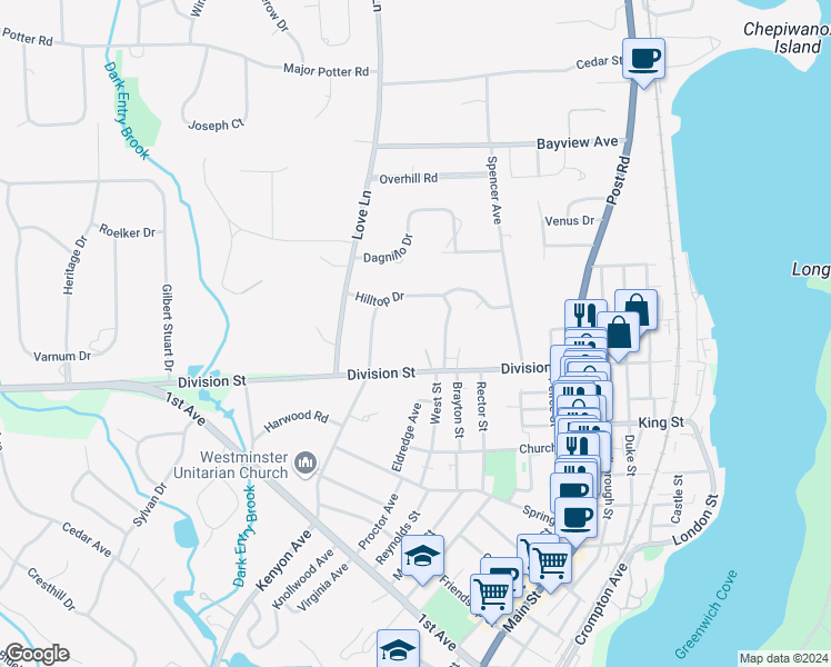 map of restaurants, bars, coffee shops, grocery stores, and more near 159 Division Street in East Greenwich
