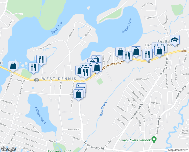 map of restaurants, bars, coffee shops, grocery stores, and more near 371 Main Street in Dennis