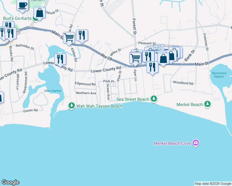 map of restaurants, bars, coffee shops, grocery stores, and more near 19 Pine Street in Harwich