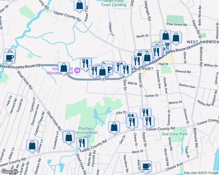 map of restaurants, bars, coffee shops, grocery stores, and more near 451 Main Street in Dennis