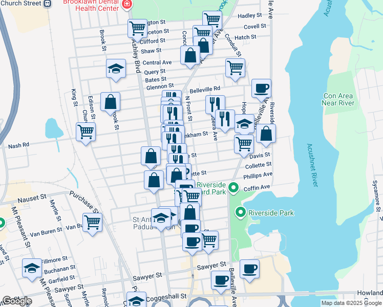 map of restaurants, bars, coffee shops, grocery stores, and more near 85 Hathaway Street in New Bedford