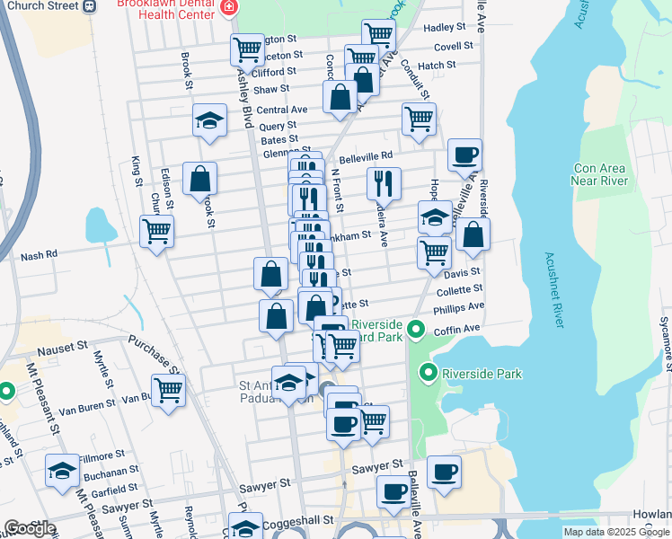 map of restaurants, bars, coffee shops, grocery stores, and more near 85 Hathaway Street in New Bedford