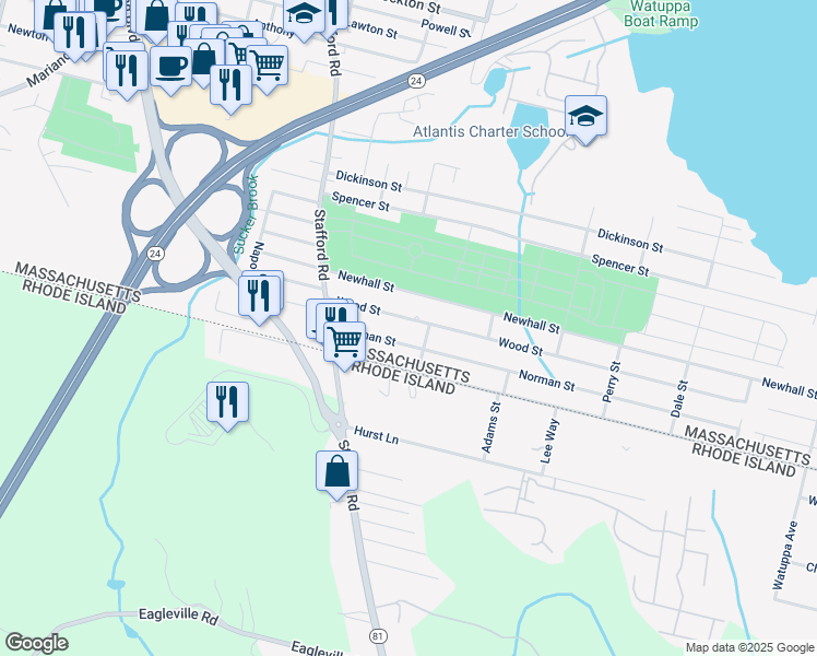 map of restaurants, bars, coffee shops, grocery stores, and more near 150 Wood Street in Fall River