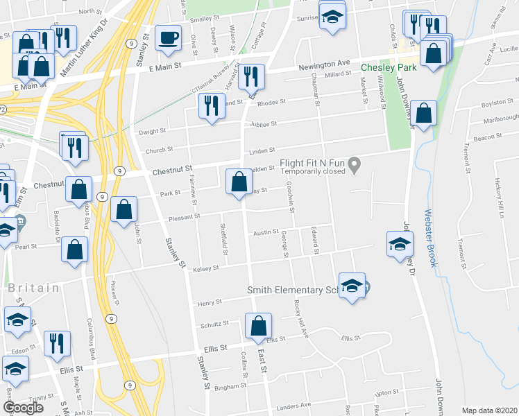 map of restaurants, bars, coffee shops, grocery stores, and more near 451 East Street in New Britain