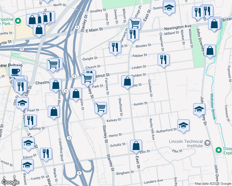 map of restaurants, bars, coffee shops, grocery stores, and more near 15 Cliff Street in New Britain