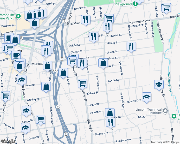 map of restaurants, bars, coffee shops, grocery stores, and more near 125 Fairview Street in New Britain