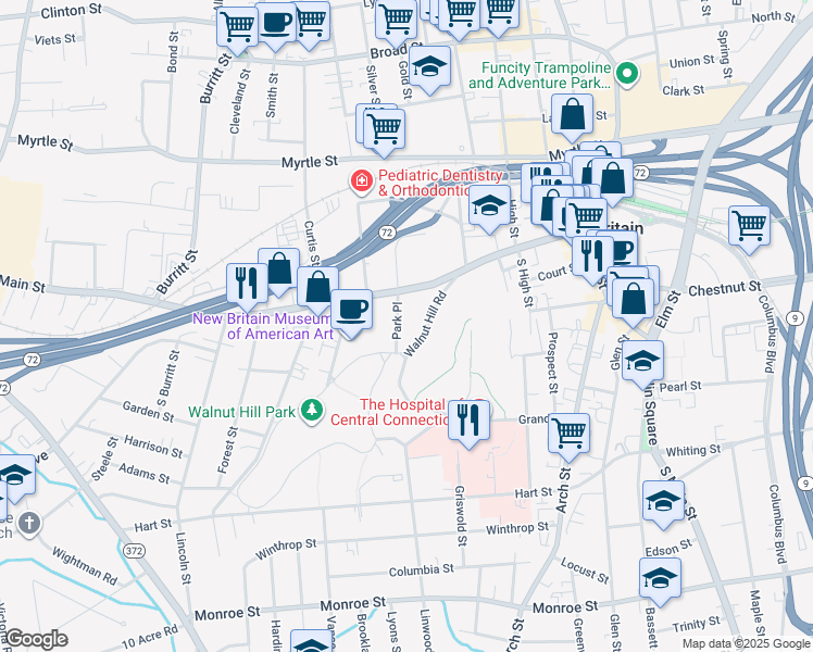 map of restaurants, bars, coffee shops, grocery stores, and more near 6 Park Place in New Britain