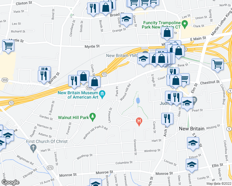map of restaurants, bars, coffee shops, grocery stores, and more near 272 West Main Street in New Britain