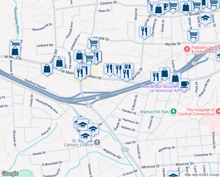 map of restaurants, bars, coffee shops, grocery stores, and more near 17 Holmes Avenue in New Britain