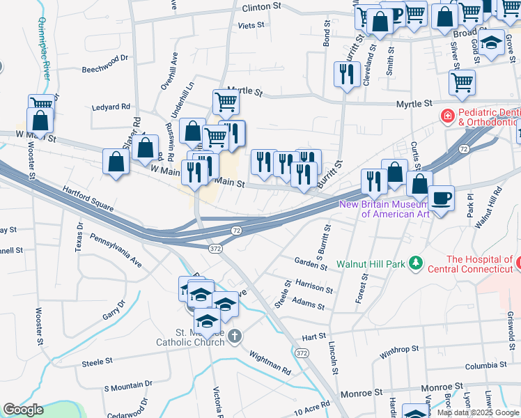 map of restaurants, bars, coffee shops, grocery stores, and more near 17 Holmes Avenue in New Britain