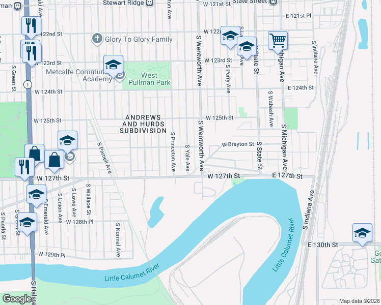 map of restaurants, bars, coffee shops, grocery stores, and more near 12552 South Yale Avenue in Chicago