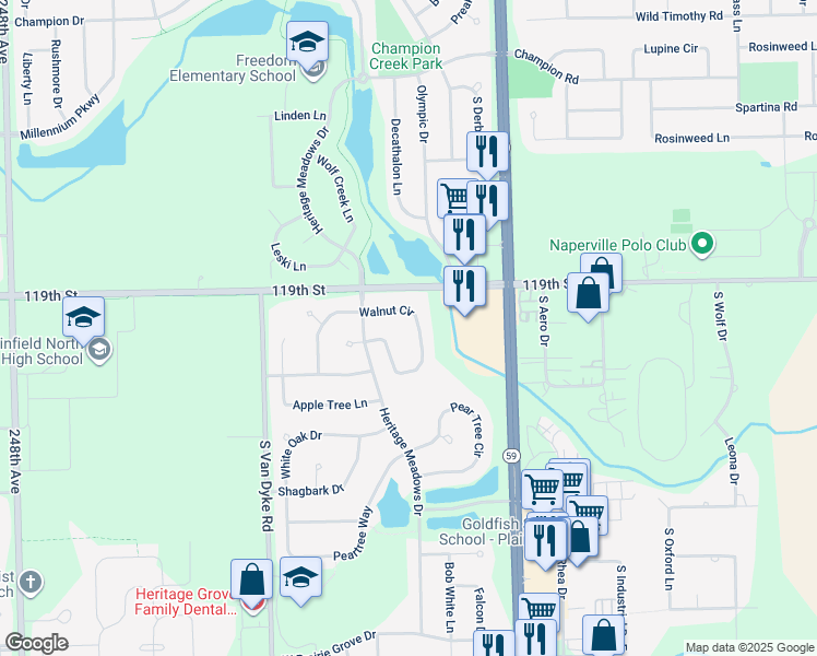 map of restaurants, bars, coffee shops, grocery stores, and more near 24146 Walnut Circle in Plainfield
