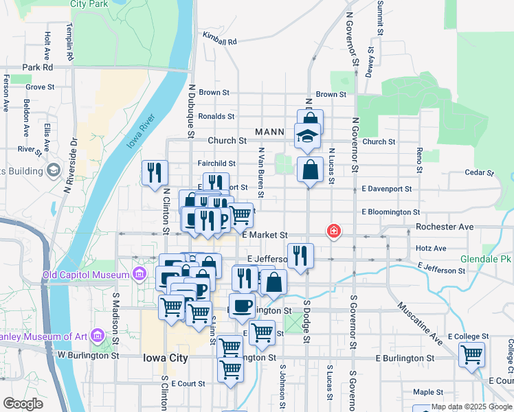 map of restaurants, bars, coffee shops, grocery stores, and more near 332 North Van Buren Street in Iowa City