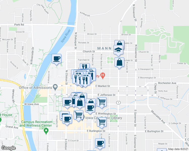map of restaurants, bars, coffee shops, grocery stores, and more near 324 North Gilbert Street in Iowa City