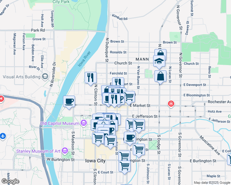 map of restaurants, bars, coffee shops, grocery stores, and more near 326 North Linn Street in Iowa City