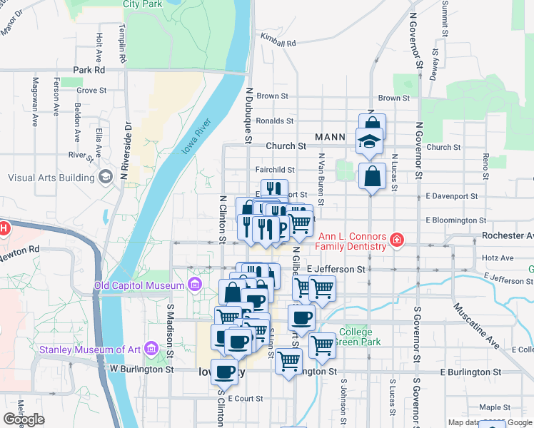 map of restaurants, bars, coffee shops, grocery stores, and more near 326 North Linn Street in Iowa City