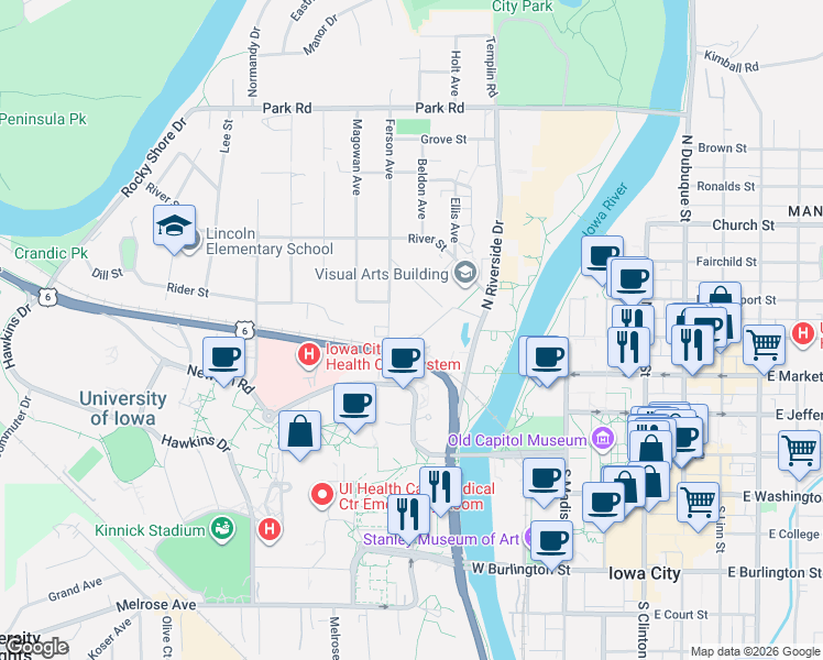 map of restaurants, bars, coffee shops, grocery stores, and more near 209 Richards Street in Iowa City