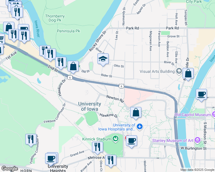 map of restaurants, bars, coffee shops, grocery stores, and more near 36 Valley Avenue in Iowa City