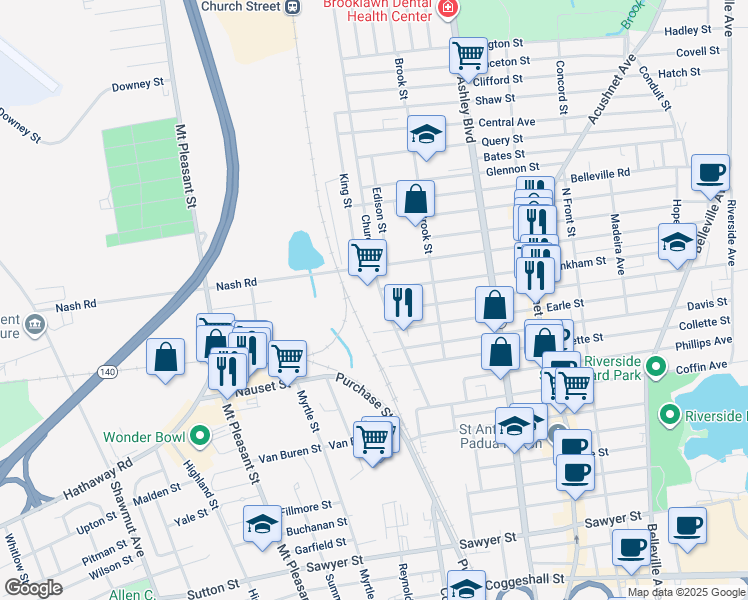 map of restaurants, bars, coffee shops, grocery stores, and more near 115 Church Street in New Bedford