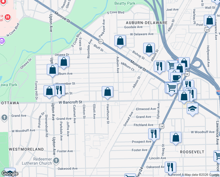 map of restaurants, bars, coffee shops, grocery stores, and more near 1532 Freeman Street in Toledo