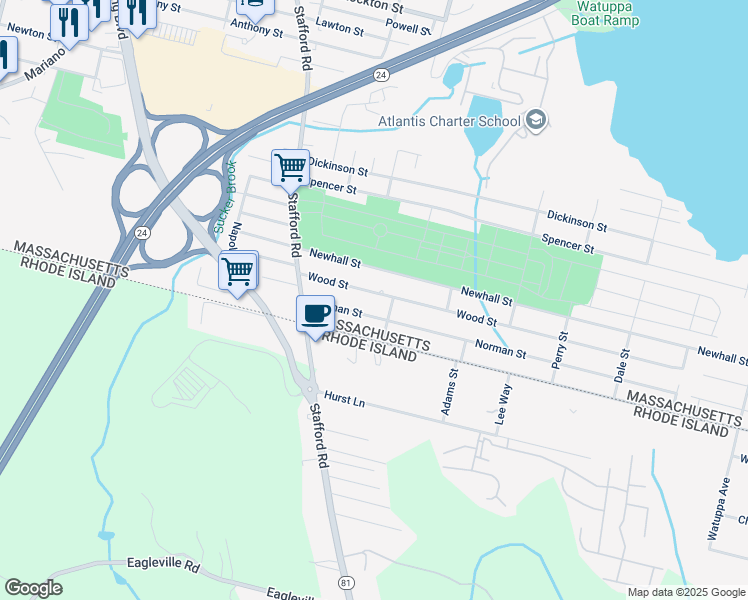 map of restaurants, bars, coffee shops, grocery stores, and more near 150 Wood Street in Fall River