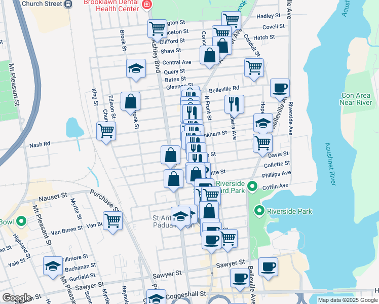 map of restaurants, bars, coffee shops, grocery stores, and more near 1653 Acushnet Avenue in New Bedford