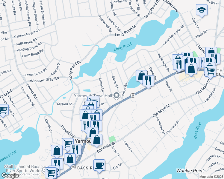map of restaurants, bars, coffee shops, grocery stores, and more near 23 Town Hall Avenue in Yarmouth