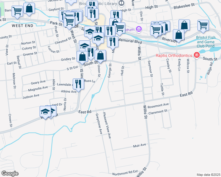 map of restaurants, bars, coffee shops, grocery stores, and more near 111 George Street in Bristol