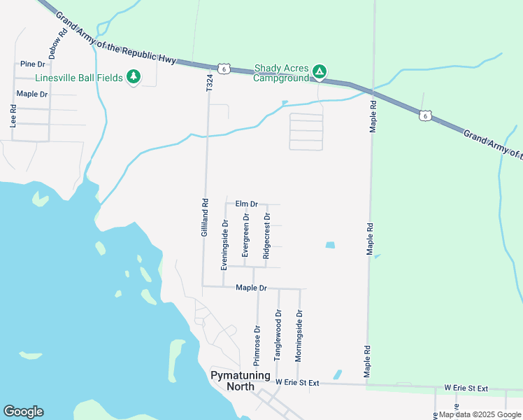 map of restaurants, bars, coffee shops, grocery stores, and more near 14651 Evergreen Drive in Linesville