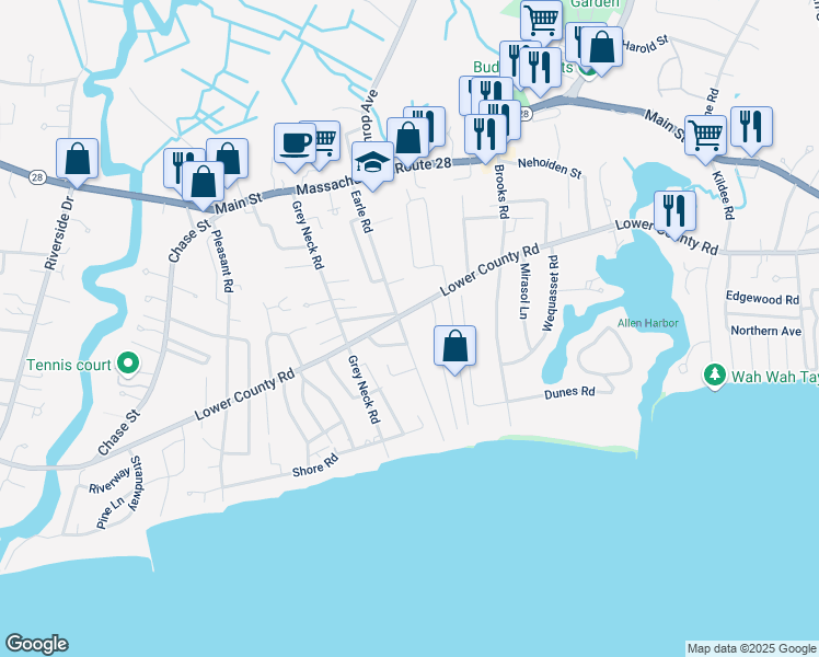 map of restaurants, bars, coffee shops, grocery stores, and more near 55 Earle Road in Harwich