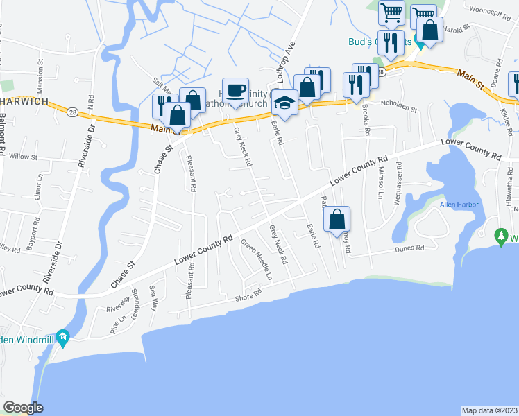 map of restaurants, bars, coffee shops, grocery stores, and more near 60 Grey Neck Road in Harwich