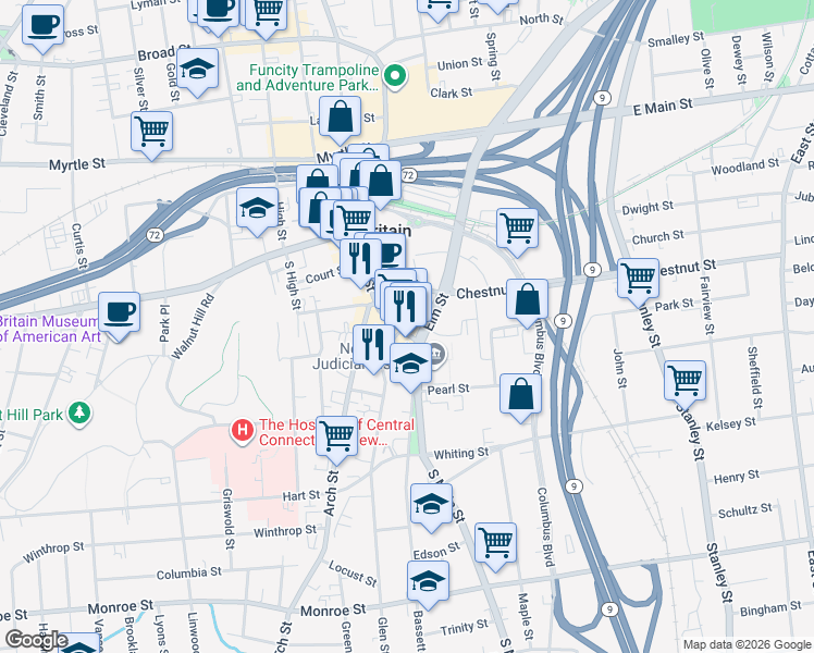 map of restaurants, bars, coffee shops, grocery stores, and more near 27 Main Street in New Britain