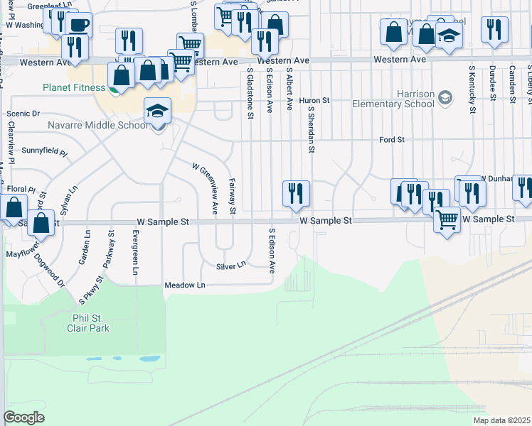map of restaurants, bars, coffee shops, grocery stores, and more near 830 South Edison Avenue in South Bend