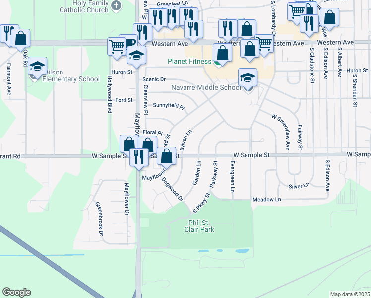 map of restaurants, bars, coffee shops, grocery stores, and more near 834 Sylvan Ln in South Bend