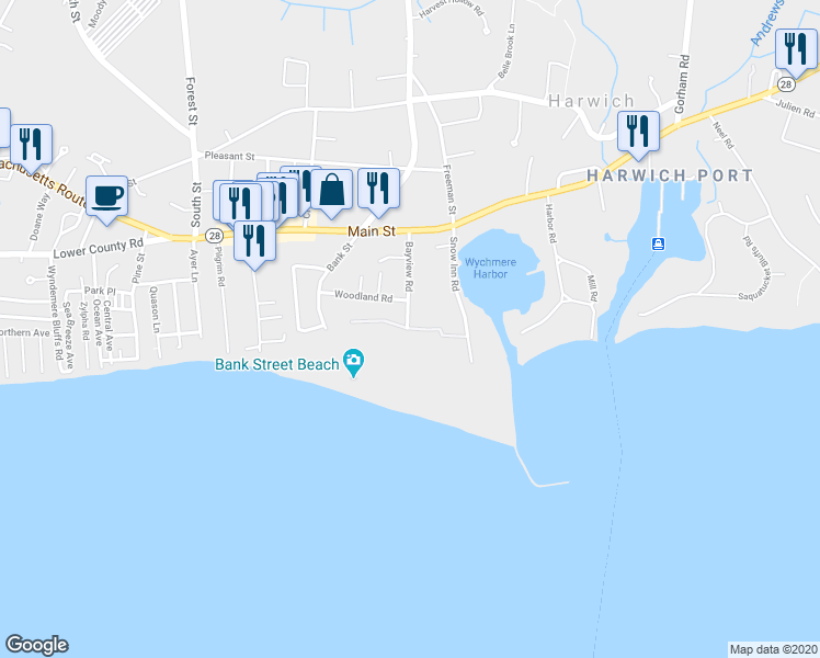 map of restaurants, bars, coffee shops, grocery stores, and more near 13 Davis Lane in Harwich