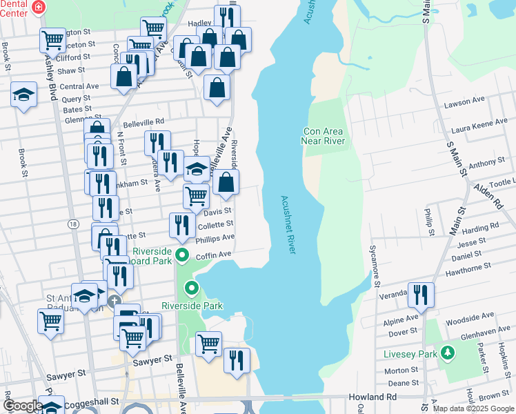map of restaurants, bars, coffee shops, grocery stores, and more near 114 Riverside Avenue in New Bedford