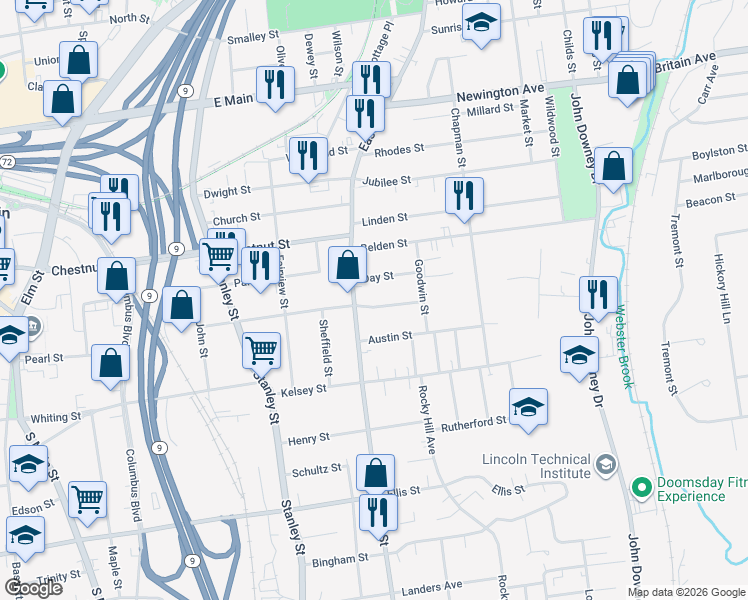 map of restaurants, bars, coffee shops, grocery stores, and more near 451 East Street in New Britain