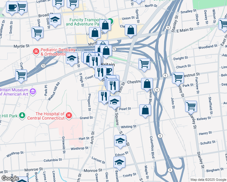 map of restaurants, bars, coffee shops, grocery stores, and more near 55 Chestnut Street in New Britain