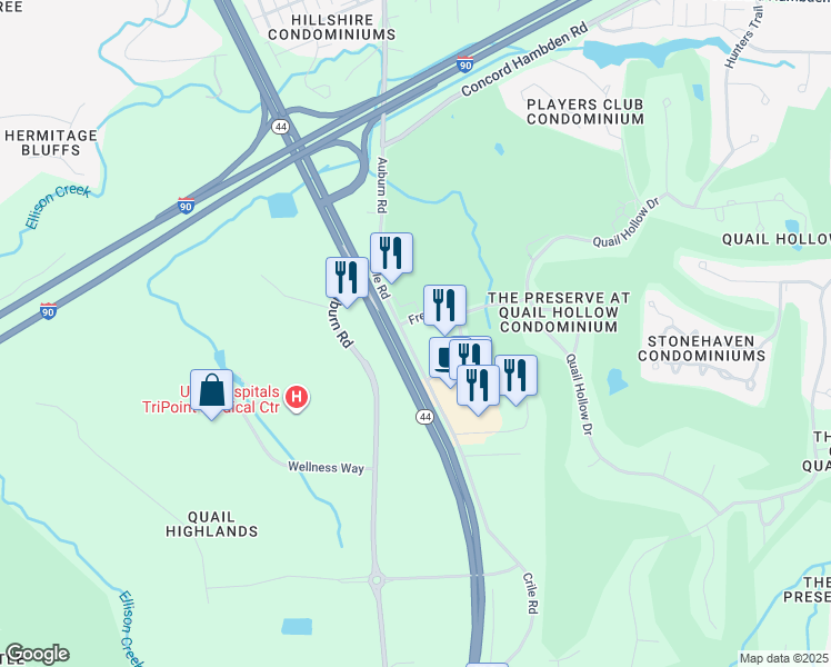 map of restaurants, bars, coffee shops, grocery stores, and more near 7525 Crile Road in Painesville