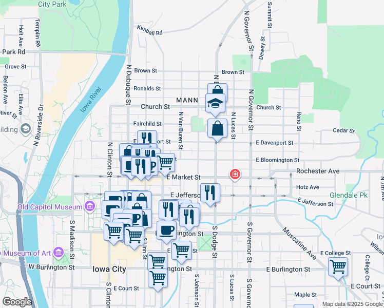 map of restaurants, bars, coffee shops, grocery stores, and more near 332 North Johnson Street in Iowa City