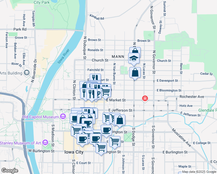map of restaurants, bars, coffee shops, grocery stores, and more near 324 North Gilbert Street in Iowa City