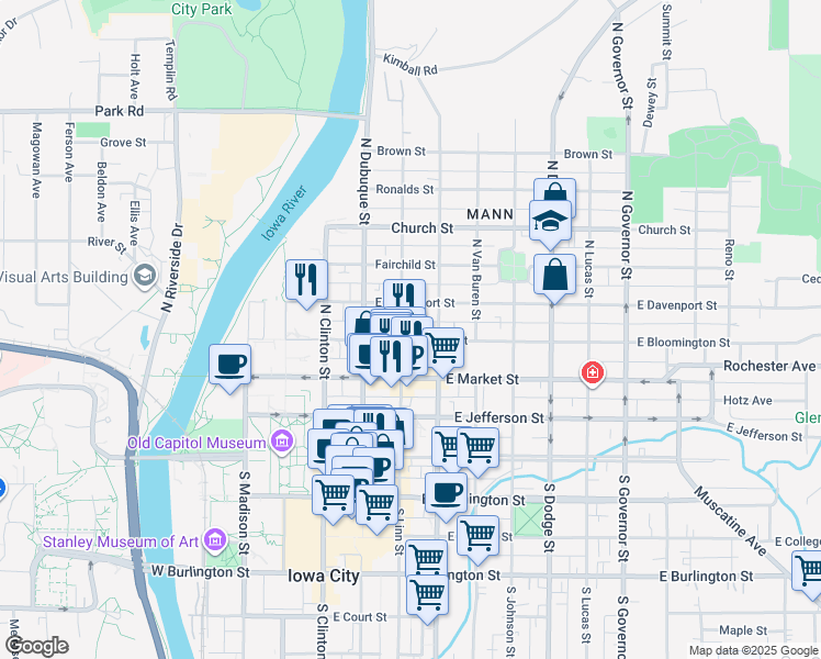 map of restaurants, bars, coffee shops, grocery stores, and more near 326 North Linn Street in Iowa City