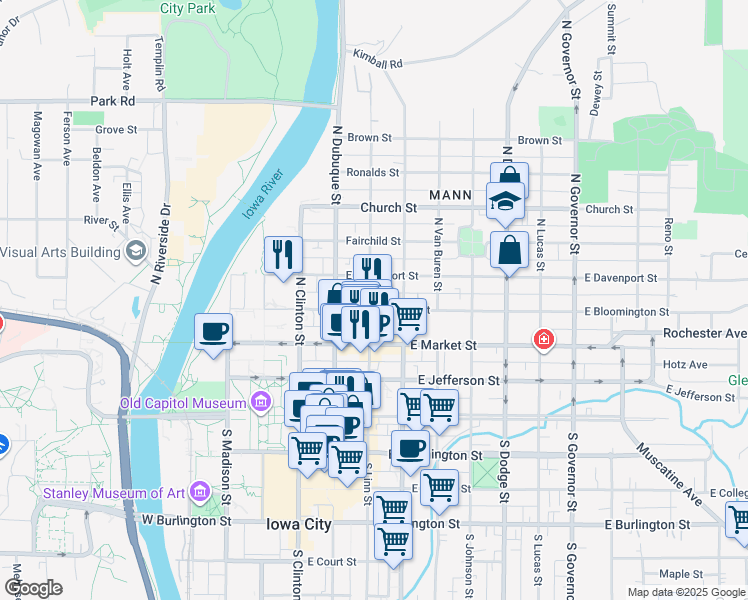 map of restaurants, bars, coffee shops, grocery stores, and more near 326 North Linn Street in Iowa City