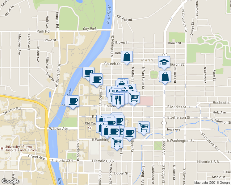 map of restaurants, bars, coffee shops, grocery stores, and more near 326 North Dubuque Street in Iowa City