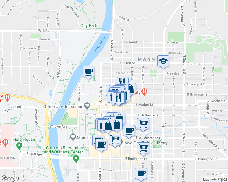 map of restaurants, bars, coffee shops, grocery stores, and more near 326 North Dubuque Street in Iowa City